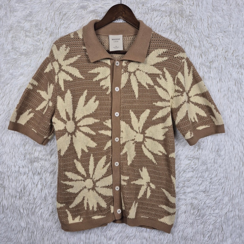 Massive Luxury Mens Tan Cream Floral Knit Button‎ Up Short Sleeve Polo Shirt M